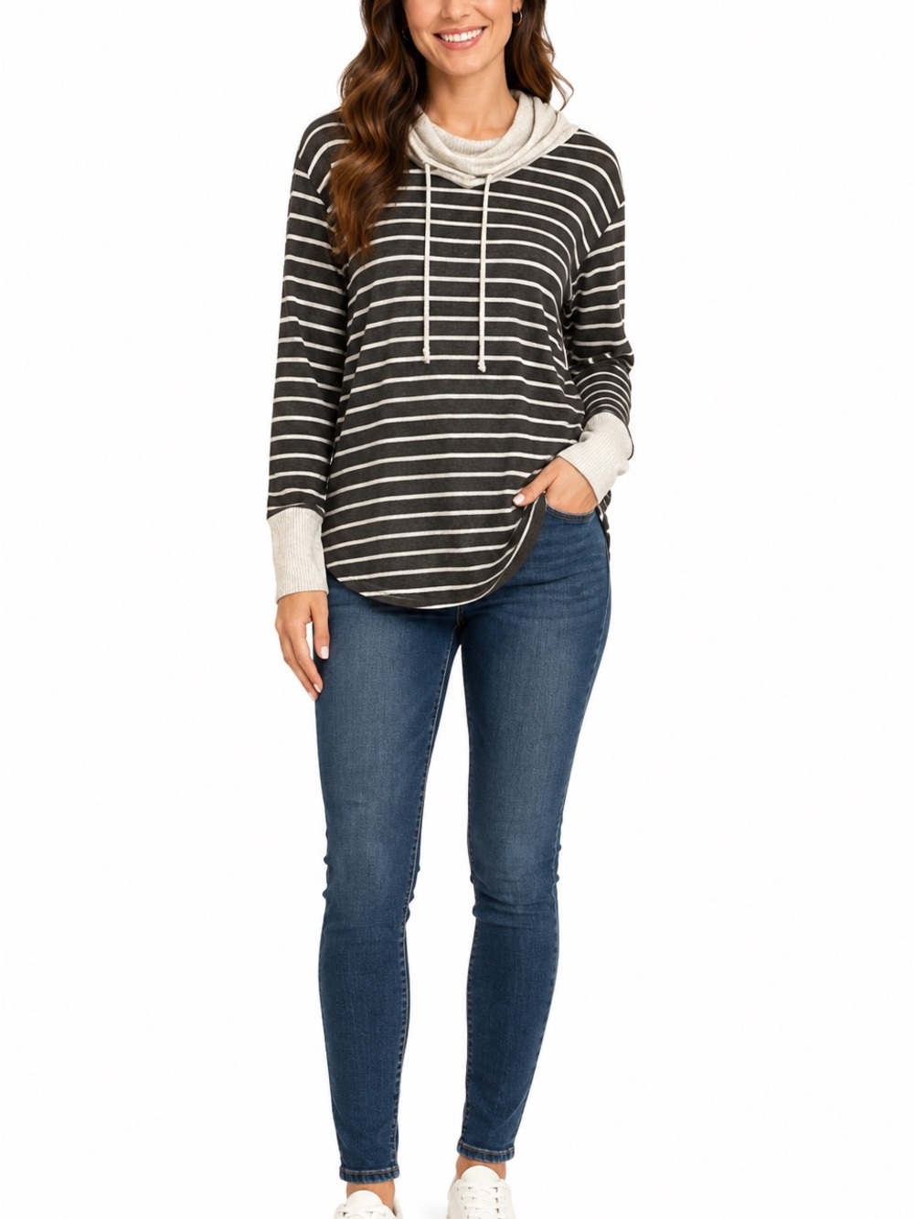 Nordstrom Size Large Grey and White Cowl Neck Long-Sleeve Shirt